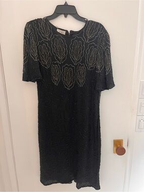 Elegant Vintage Black 100% Silk Beaded Short-Sleeve Cocktail Dress